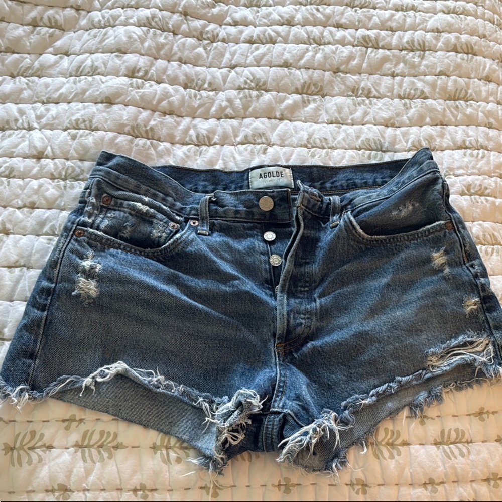 Agolde Parker Blue Distressed Jean Shorts with Frayed Hem